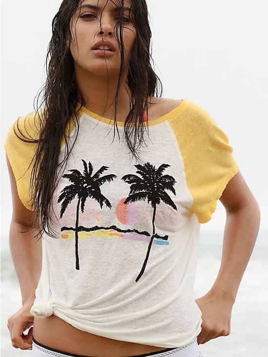 Free People Tops - Free People Yellow Sleeve Palm Tree Graphic Tee